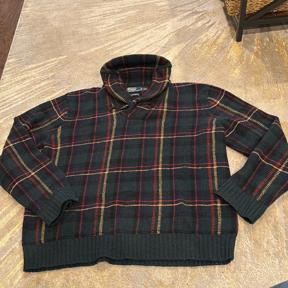 Vintage Polo Ralph Lauren wool Sweater!  XXL Green Tartan Plaid  Fisherman Style